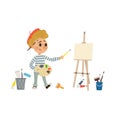 Artist Boy drawing and painting picture with brush and palette on the easel. Children art and design school concept. Cartoon Royalty Free Stock Photo