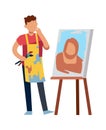 Artist character drawing picture. Drawing man with paintbrush at picture canvas, vector painter or designer job concept