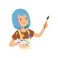 Artist character, girl with blue hairs holding palette and paint brush vector Illustration Royalty Free Stock Photo