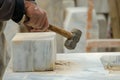 artist chiseling marble block with mallet