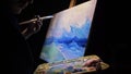 Artist copyist paint seascape with ship in ocean. Craftsman decorator draw as boat sail on blue sea with acrylic oil