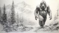 Realism Sketch Of Bigfoot: Monochrome Landscape Drawing By Daveb Royalty Free Stock Photo