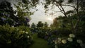 Artist 3d render hydrangea and buddleia rainy garden, bacground for meditaion music