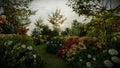 Artist 3d render, hydrangea and flower garden with sunset, background for meditaion music