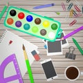 Artist and designer desk. Vector illustration in flat style Royalty Free Stock Photo