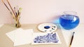 Artist desk top view watercolor painting hand drawing design