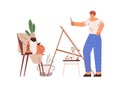 Artist drawing still life. Painter standing with easel, canvas, brush and paints, painting objects composition. Person