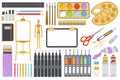 Artist drawing tools set in flat cartoon design. Royalty Free Stock Photo