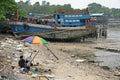 The artist draws a fishing boat