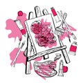 Artist easel with canvas and painting tools. Hand drawn sketch. Black and white stylized illustration with pink stains Royalty Free Stock Photo