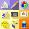 Artist equipment icons set, flat style