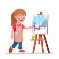 Artist girl kid painting winter picture on canvas Royalty Free Stock Photo