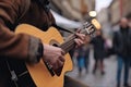 Artist guy musician plays the guitar, close-up. Generative AI Royalty Free Stock Photo