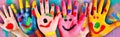 fun art hand artist finger child smile colorful concept paint. Generative AI.