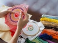 Artist home living space woman leisure hobby hand craft embroidery mandala spiritual mental health healing mind pattern handmade