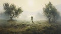 Golden Light: A Biblical-themed Painting Of A Person In Fog