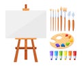 An Artist Items Set Includes Brushes, Knives, Paints, Canvas, Palette, And Easel, Serving As The Essential Tools Royalty Free Stock Photo