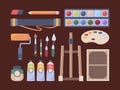 Artist items. Tools for painter brushes canvas oil tubes easel pencils paper palette vector collection Royalty Free Stock Photo