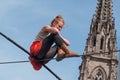 The artist Johanne Humblet tightrope walker performance during four hours in Mulhouse