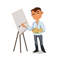 Artist male painting picture with color palette. Vector illustration.