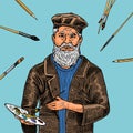 Artist man on a blue background with brushes for painting. Craft creative people. Poster or banner for web site