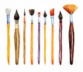 Artist materials - different paintbrushes. Hand drawn sketch watercolor illustration set