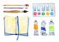 Artist Materials - Notepad, Paintbrushes, Palette And Tubes. Hand Drawn Sketch Watercolor Illustration Set