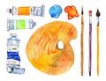 Artist materials - palette, brushes and tubes. Hand drawn sketch watercolor illustration set