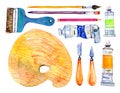 Artist materials - palette, palette knives, brushes and tubes. Hand drawn sketch watercolor illustration set