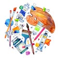Artist Materials In Round Composition - Palette, Paintbrushes, Color Spots Tubes. Hand Drawn Sketch Watercolor Illustration