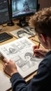 Artist sketching detailed storyboards for animated video project in studio Royalty Free Stock Photo