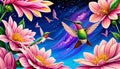 Artist paint brush art hummingbird nectar feeding pink flower