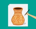 Artist painting ancient pottery on paper, vector