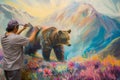 artist painting, bear standing in a colorful meadow inside Royalty Free Stock Photo