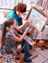 Artist painting easel in studio. Authentic grandmother and kids.