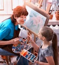 Artist painting easel in studio. Authentic grandmother and kids. Royalty Free Stock Photo