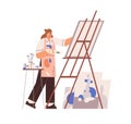 Artist painting picture on canvas, easel. Painter with paint palette and brush drawing. Creative woman in apron creates