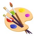 artist palette with three long different brushes inside on white Royalty Free Stock Photo