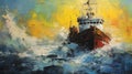 Abstract Oil Painting Of Tugboat Struggling In Choppy Sea Waves Royalty Free Stock Photo