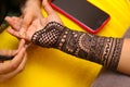 An artist performing mehandi or henna design on female hand