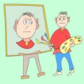 Artist is pleased self-portrait. Color cartoon illustration