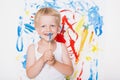 Artist preschool boy painting brush watercolors on a easel. School. Education. Creativity Royalty Free Stock Photo