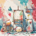 An artist\'s chaotic studio, where a creative kerfuffle of colors and shapes captures the essence of discombobulation and