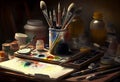 Artist's desktop, with brushes and paints. AI Generated