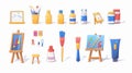 An artist's easel, paint brushes and artist palette. An icon set for drawing school class illustrations. A gouache Royalty Free Stock Photo