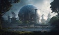 Artist\'s futuristic city conceptual art and lush garden with spaceship sphere. AI generated, AI generative