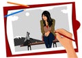 The artist`s hand draws a sad girl with a cat, they sit on a bench Royalty Free Stock Photo