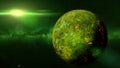 Mysterious alien planet with lava streams lit by a green sun 3d illustration