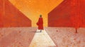 Orange Hallway: A Zen-inspired Illustration Of A Woman Walking