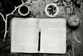 Artist's morning inspiration with notebook , coffee and cigarettes Royalty Free Stock Photo